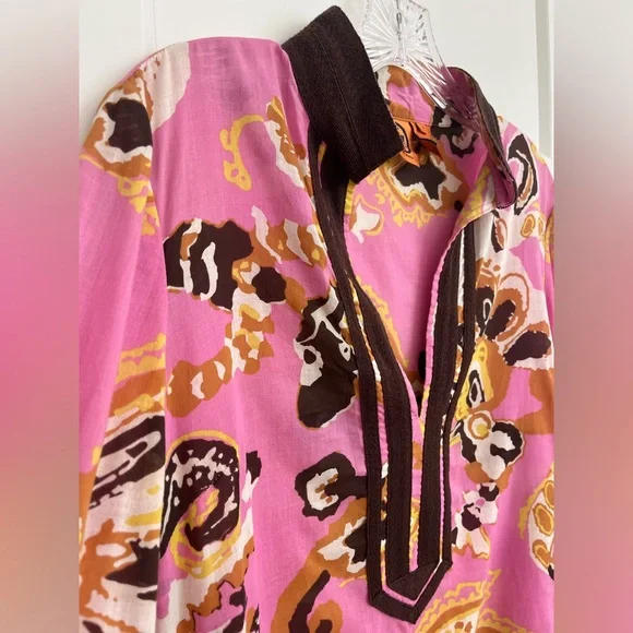 Tory Burch Pink Floral Tunic Top Size 8 Boho Beach Resort 100% Cotton Brown Trim - Picture 3 of 10